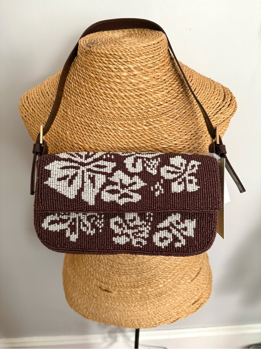 NWT T.J.Maxx Brown and Cream Beaded Floral Shoulder Bag